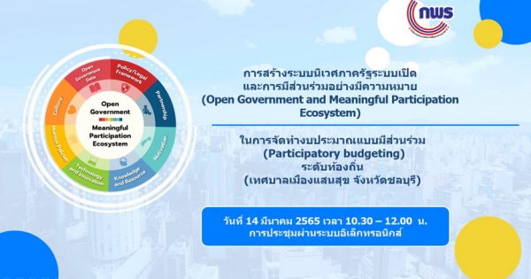 การประชุม เรื่อง การสร้างระบบนิเวศภาครัฐระบบเปิดและการมีส่วนร่วมอย่างมีความหมายในการจัดทำงบประมาณแบบมีส่วนร่วม (Participatory budgeting) ในระดับท้องถิ่น ในพื้นที่เทศบาลเมืองแสนสุข จังหวัดชลบุรี และเทศบาลตำบลหัวเวียง จังหวัดพระนครศรีอยุธยา