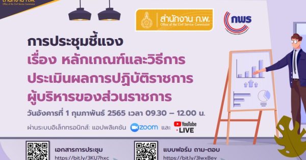 การประชุมชี้แจงหลักเกณฑ์และวิธีการประเมินผลการปฏิบัติราชการผู้บริหารของส่วนราชการ วันอังคารที่ 1 กุมภาพันธ์ 2565 เวลา 09.30 – 12.00 น. ผ่านระบบอิเล็กทรอนิกส์